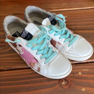 Golden Goose inspired White Sneakers cow print Pink Star Silver Glitter